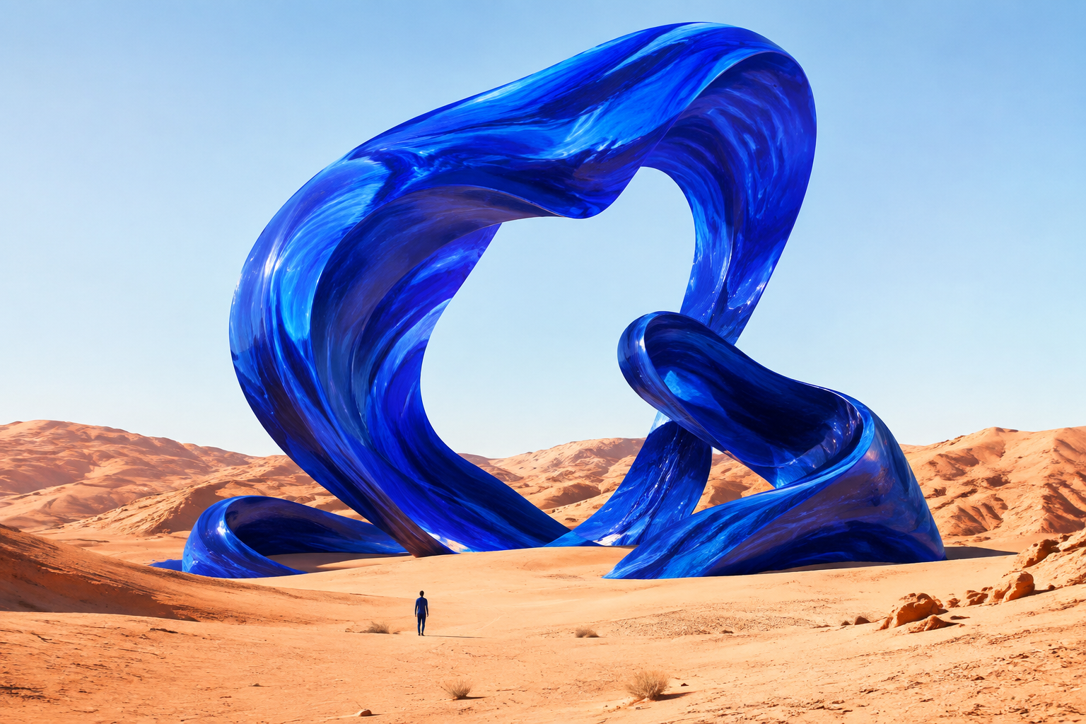 Original AI concept artwork: a glossy cobalt portal in a bright sunlit peach desert